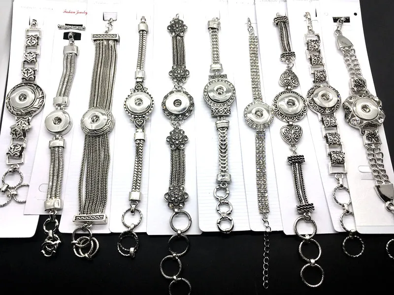 Venta al por mayor 10 unids / lote Snap Silver Charm Bracelet Diy Snap Jewelry Intercambiable 18mm Snap Button Charm Fit Noosa Ginger Snaps Estilo mixto