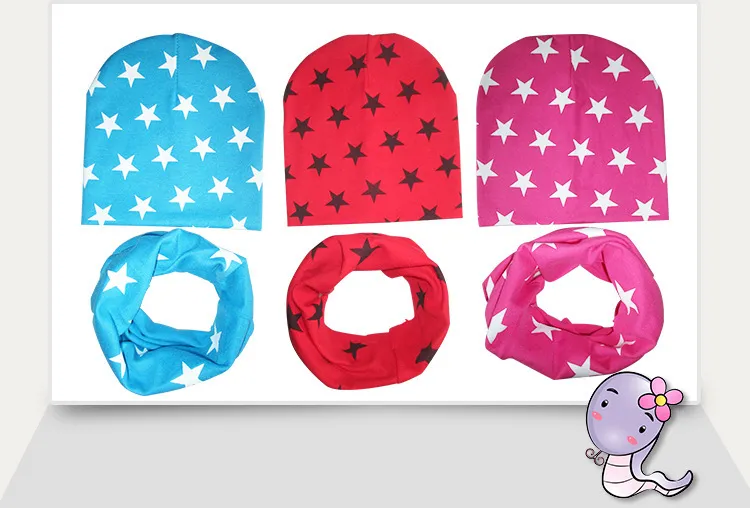 Moda Infantil De Algodão Chapéu Do Bebê Cachecol Crianças Gola de Cachecol Meninos Meninas Gorros Quentes Impressão Estrela Chapéus Infantis Cap Do Bebê 19 cores