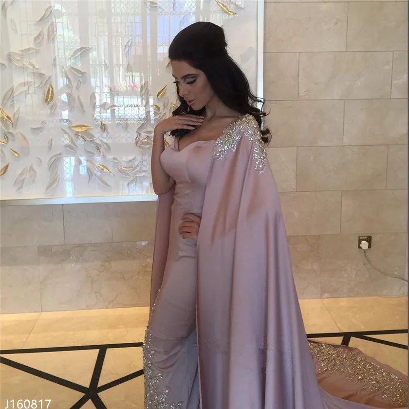 Luxury Dubai Arabic Evening Dresses With Cape Appliques Sparkle Crystal Sequins Celebrity Gowns 2017 New Arrival Special Occasion Party Wear