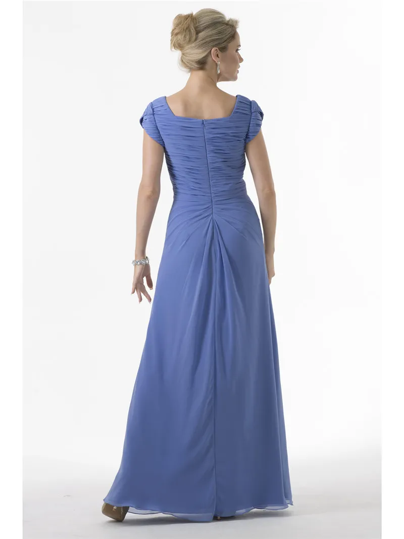 Blue Long Modest Bridesmaid Dresses With Short Sleeves Ruches Chiffon Cap Sleeves Floor Length Formal Country Bridesmaids Dresses