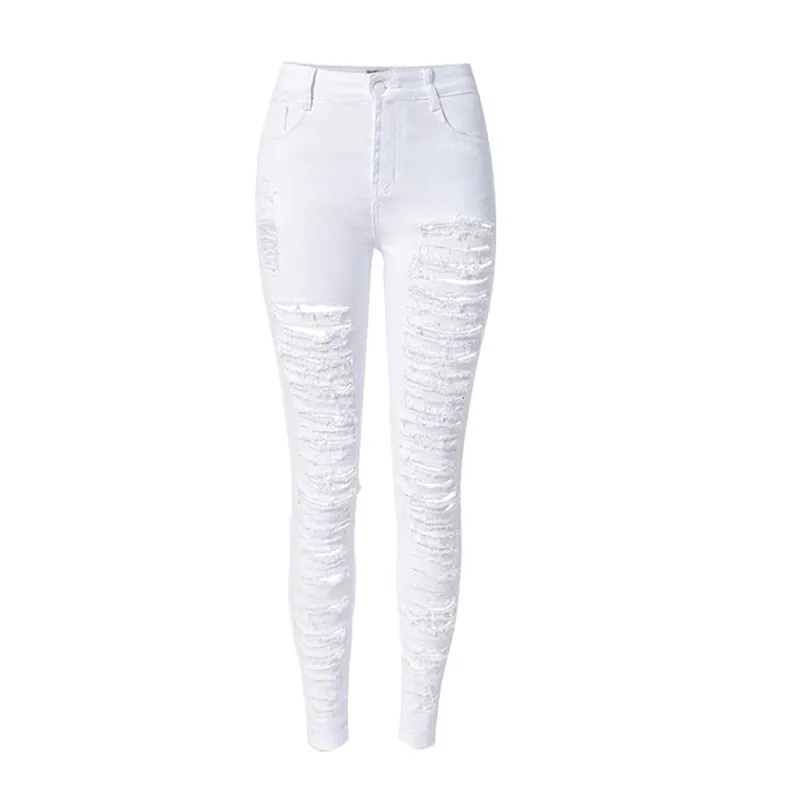 Groothandel- mode wit gat jeans vrouw potlood broek skinny gescheurde jeans voor vrouwen vaqueros mujer jean denim broek pantalon Jean femme