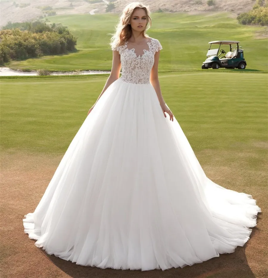 Abito da sposa vintage bianco con applicazioni in pizzo e treno con trenino, abiti da uccello, abito da ballo in Cina Vestido de Noiva