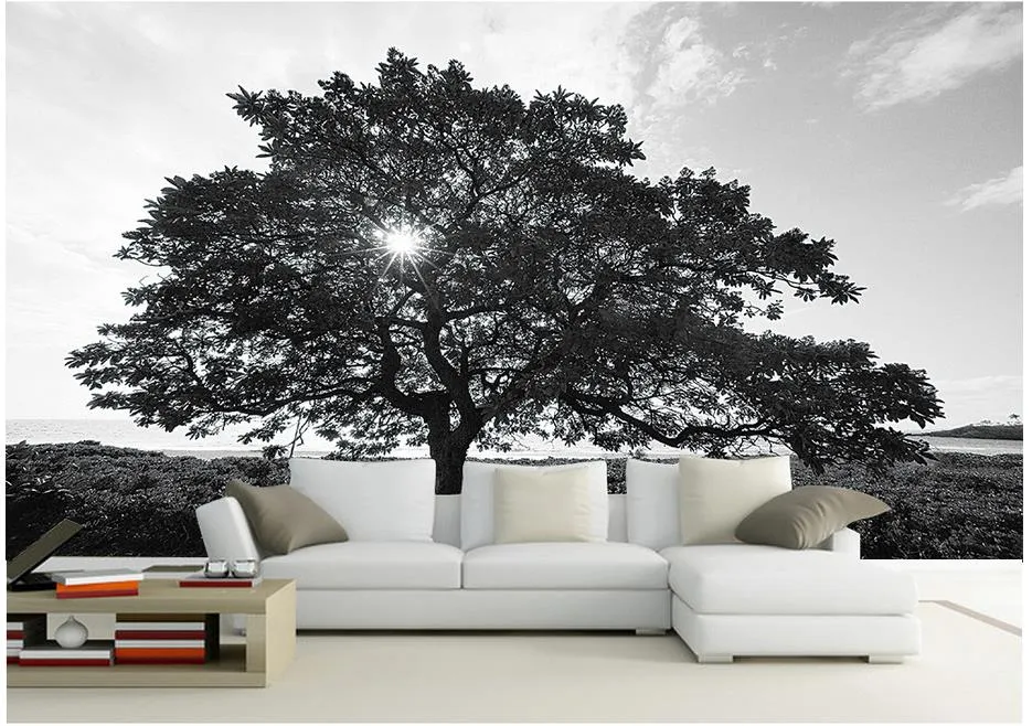 Siyah Beyaz Ağaçlar Peyzaj Duvar Resimleri Duvar Resmi 3D Duvar Kağıdı 3D Duvar Kağıtları TV Zemin