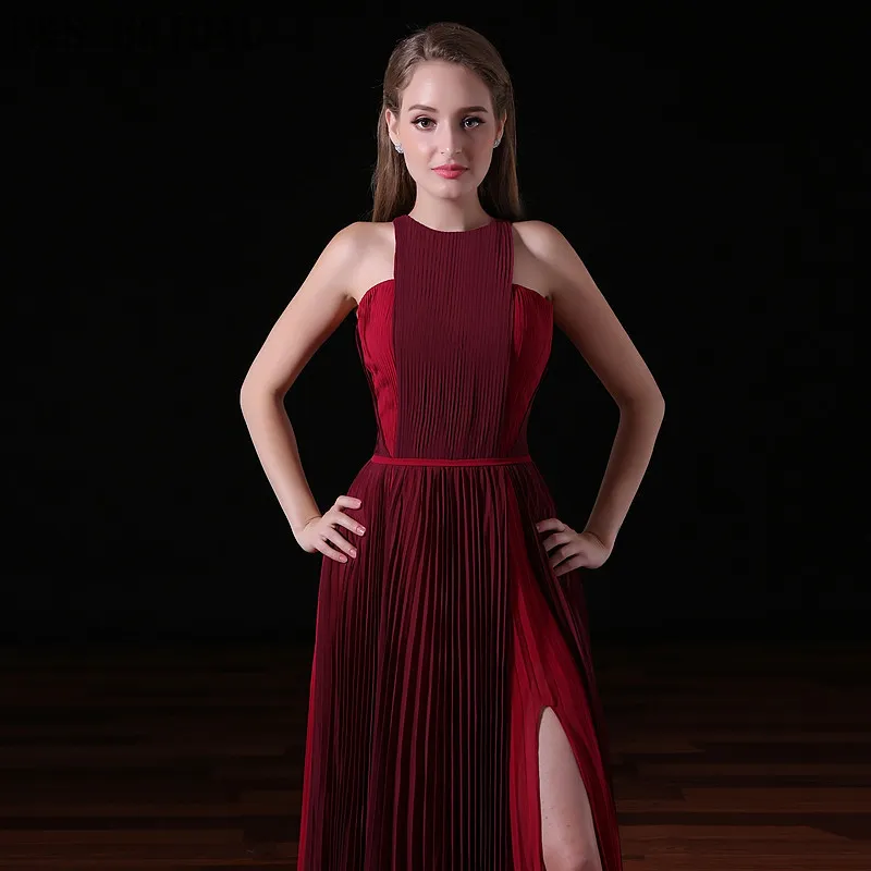 2017 BURGUNDY Chiffon Long Evening Dresses Halter Fashion Women Formal Gown Billiga Crepe Sexy Slit Evening Party Prom Klänningar A019