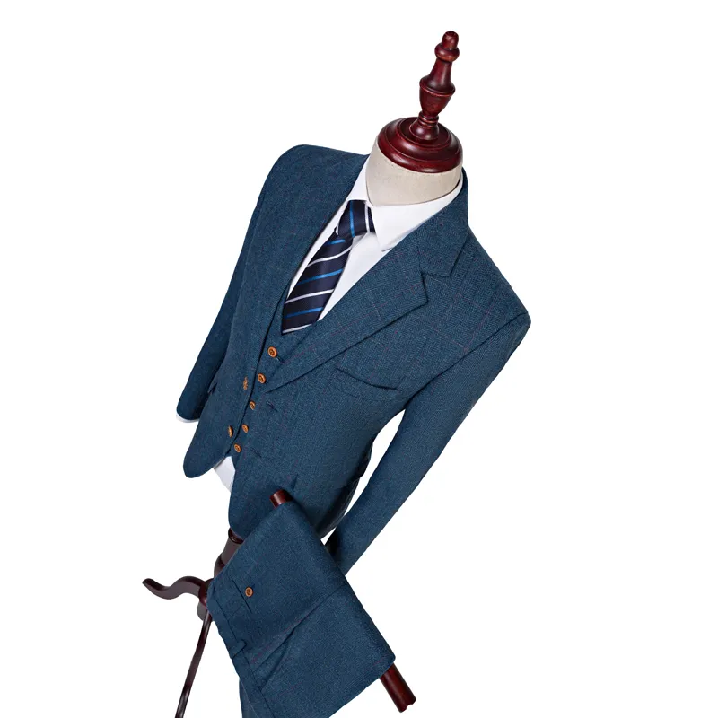 Dernier manteau pantalon conception laine bleu chevrons rétro gentleman Style hommes costumes de mariage sur mesure Blazer marié costumes pour hommes