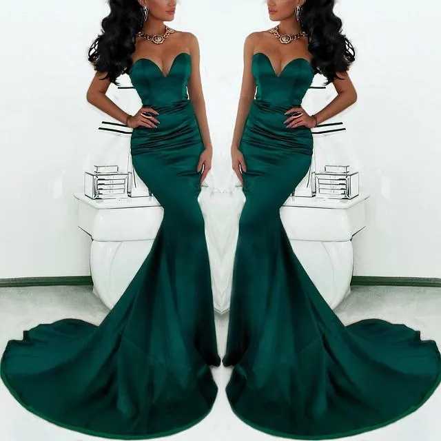 Magnifique Chérie Longue Vert Émeraude Robes De Soirée Sirène 2019 Satin Fishtail Occasion Spéciale Robes De Bal Pour Les Femmes