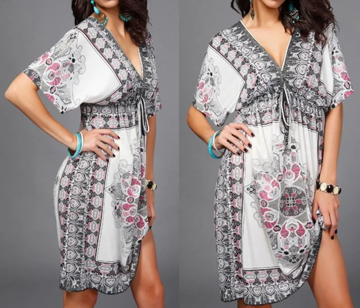 女性のファッションプラスサイズのドレスセクシーなVネックミルクアイスシルクドレススカートボホプリント部族のドレス夏の民族のゆるいウエストのビーチドレス