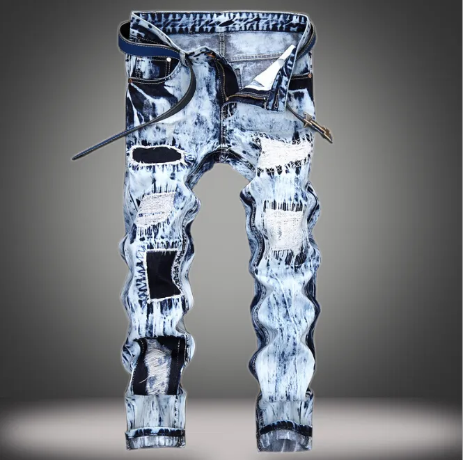 Mode 2018 vår jeans män rippade rakt långa jean byxor ljusblå byxor gratis frakt