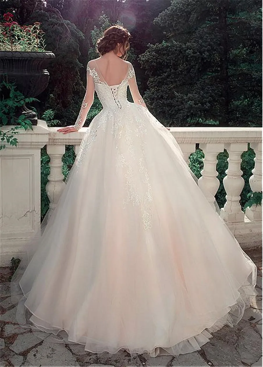 Glamour Tulle Satin Bateau décolleté a-ligne robes de mariée avec dentelle Appliques manches longues robe de mariée vestido de noiva