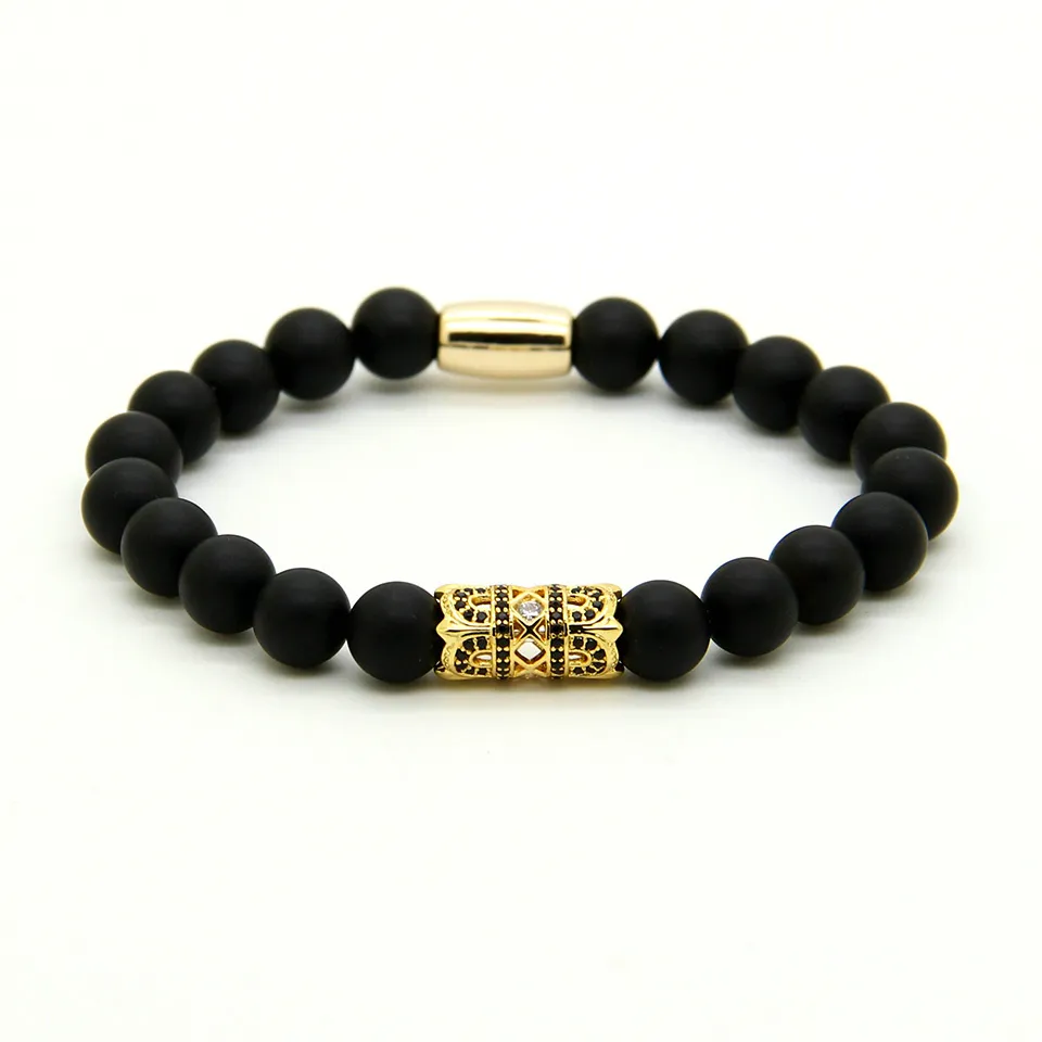 Powerful Men Gold Jewelry Wholesale 8mm Black Matte Agate Stone Beaded With Exquisite Micro Inlay Zircon Charm Bracelet