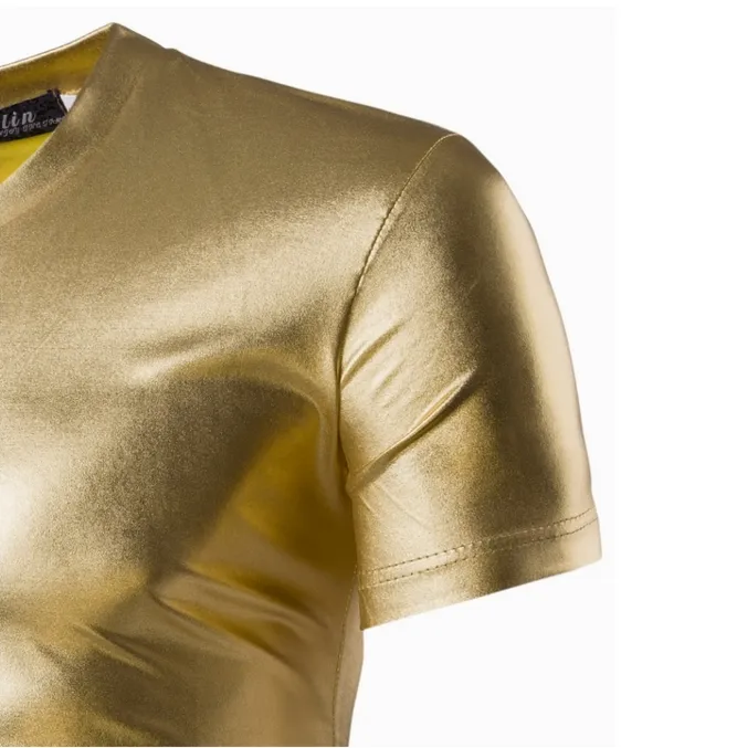 Man populär nattklubb mode t-shirt kortärmad v-nack guld silver svart färg trenderna av solid bomull fritid t-shirt design