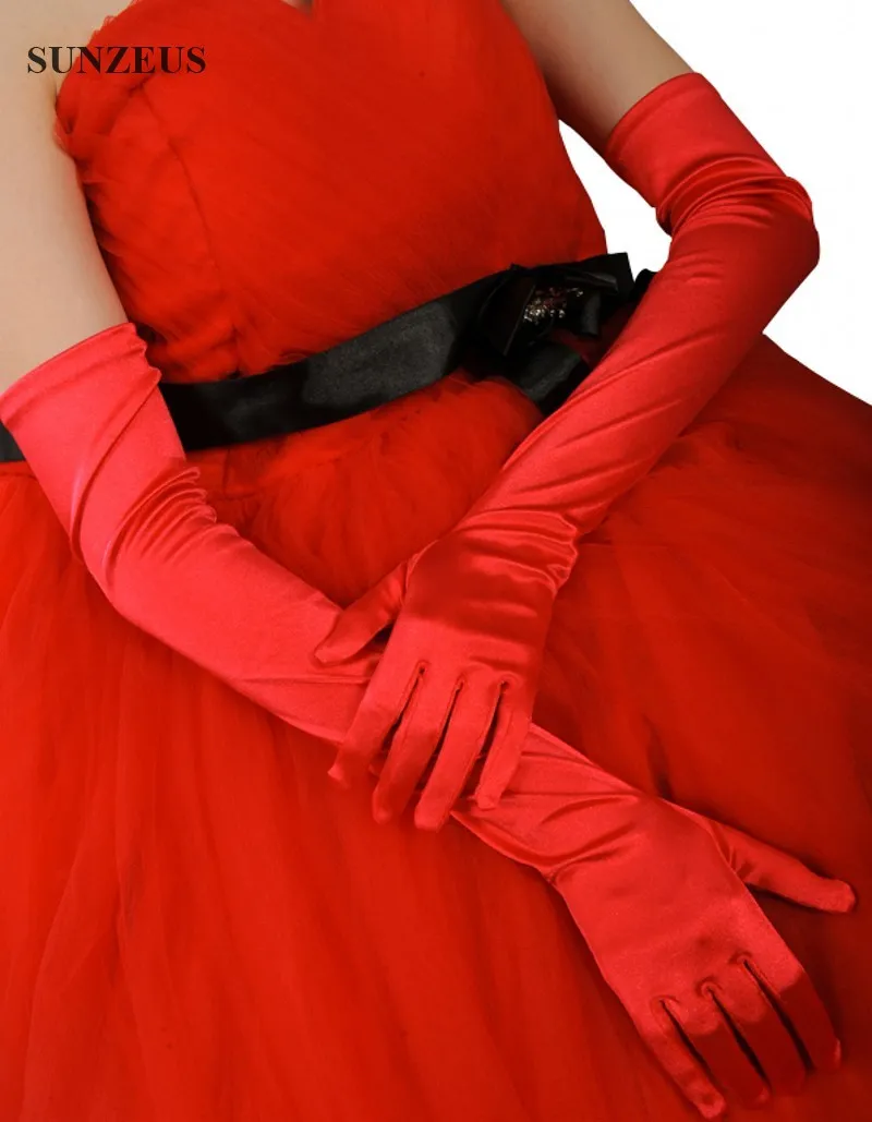 Stunning Long Black Long Bridal gloves with Red Accents, Ivory Satin, and Finger - Perfect for Parties and Bridal Wear