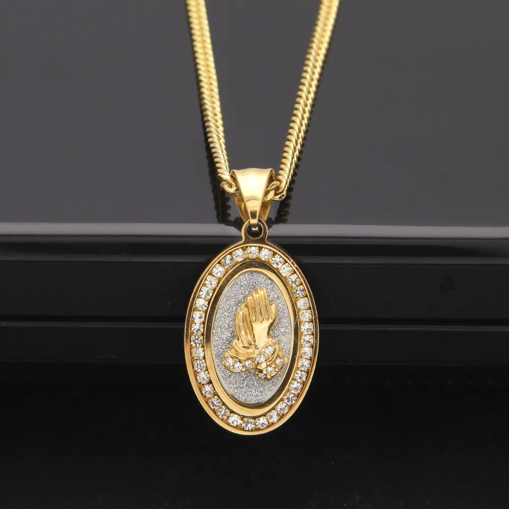 Aço inoxidável gelado para fora oval mãos pingente masculino hip hop jóias bling strass cristal dourado pingente colar cubano chain2141