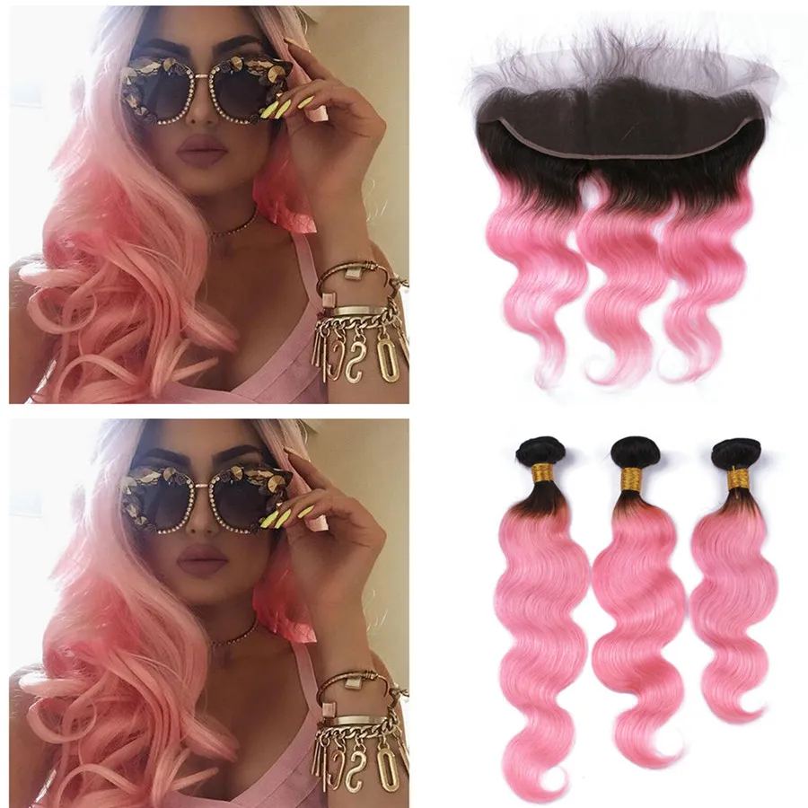 Faisceaux de cheveux roses à racines foncées avec fermeture frontale en dentelle Ombre rose Extensions de cheveux péruviens vague de corps tissage de cheveux humains et dentelle frontale