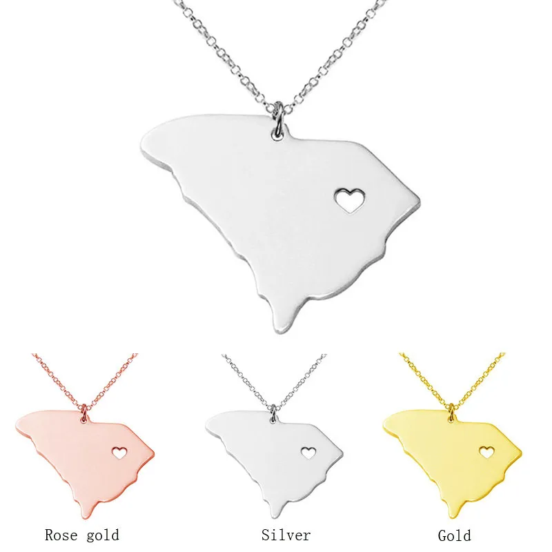 South Carolina Map Stainless Steel Pendant Necklace with Love Heart USA State SC Geography Map Necklaces Jewelry for Women and Men
