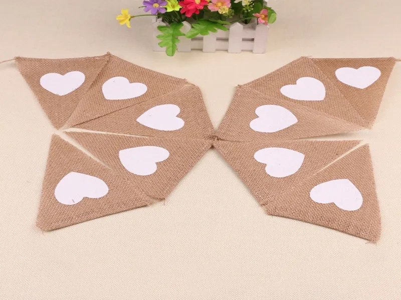 Fast Shipping 13 flags Love Heart triangle Pennant Jute Burlap Bunting Banner With White Heart For Wedding Party