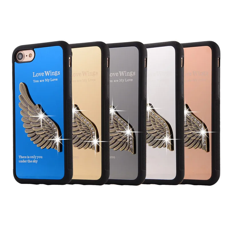 Luxe TPU + Metalen Mode Liefde Aluminium Nieuwe Angel Wing 3D Rhinestone Telefoon Case Cover voor iPhone 7 4.7 