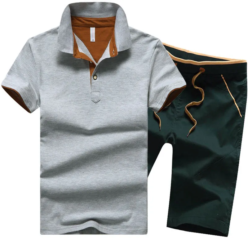 Plus Size 4XL New 2017 Mens Summer V-Neck Short-sleeve Polo Shirt Men Suit Slim Fit Set