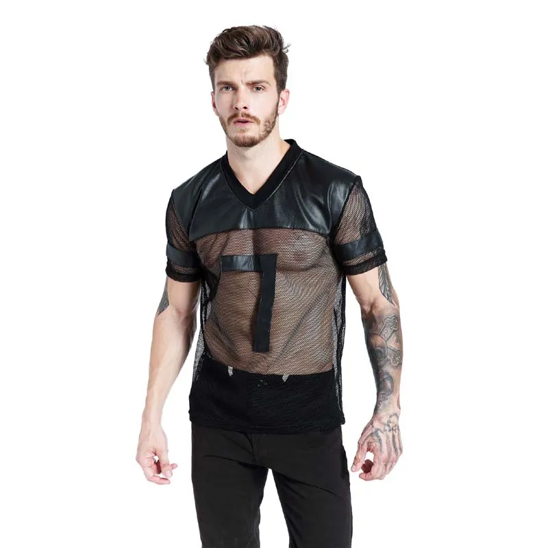 Faux cuir hommes T-Shirts noir respirant t-shirt maille Patchwork col en V voir à travers t-shirt mâle Punk à manches courtes hauts S-XL