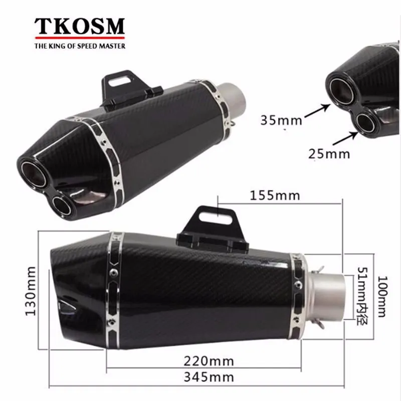 TKOSM Universal 51mm Motorcykeldämpare Kolfiber Moto Smuts Bike Avgasrör för Honda för Yamaha Suzuki för BMW Forceawasaki