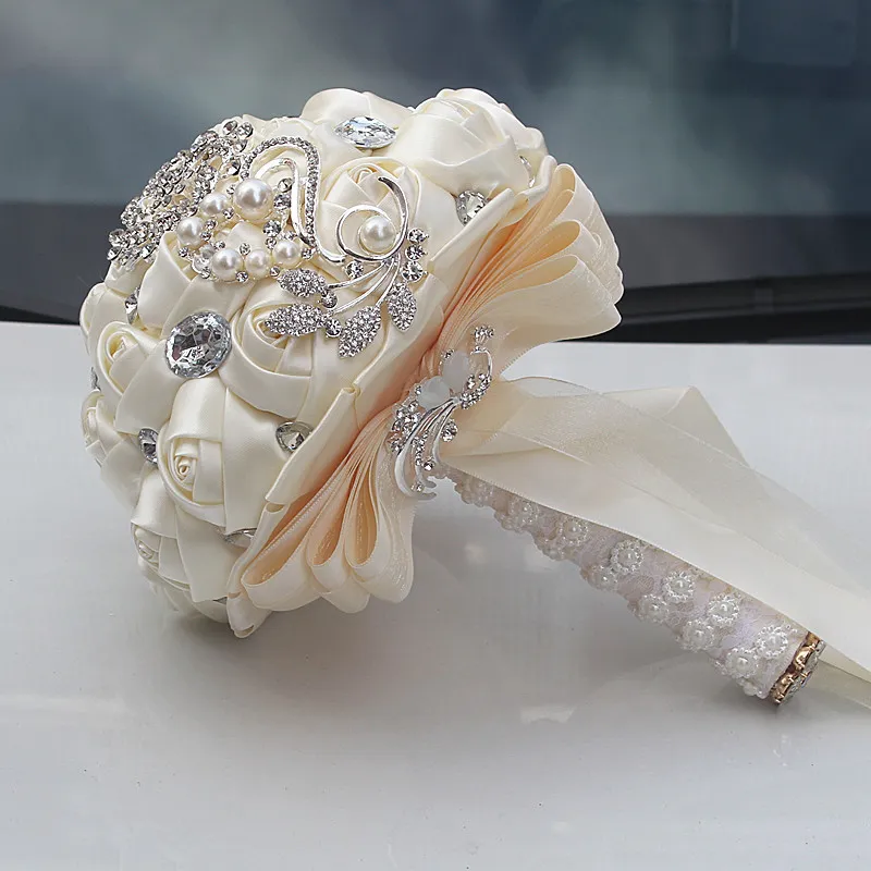 Ivory Wedding Bouquets Rose Artificial Sweet 15 Quinceanera Bouquet Crystal Silk Ribbon New Buque De Noiva W228B 6759290