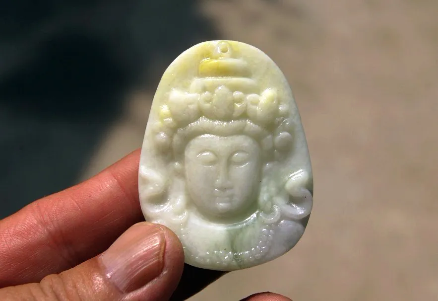 Natural white jade jade handmade carving, archaize guanyin bodhisattva. Talisman necklace pendant.