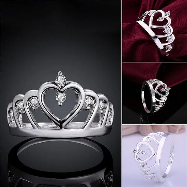 Bestes Geschenk Eingelegter Stein Herz Kronenform Silberschmuck Ring für Frauen WR407, modische Eheringe aus 925er Silber mit weißem Edelstein