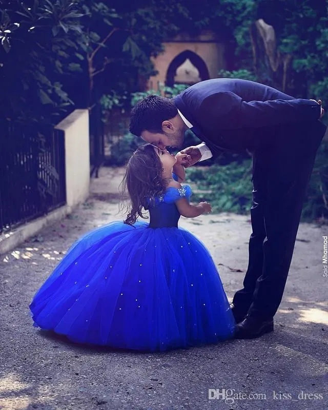 Long Princess Cinderella Flower Girl Dresses Off-the-shoulder Floor Length Ball Gown Blue Kids Pageant Gowns Newest Design Custom Made