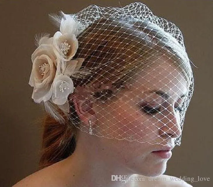 Voiles de cage à oiseaux de mariage 51 cm 80 cm Champagne ivoire fleurs blanches plume cage à oiseaux voile chapeau de mariée pièces de cheveux accessoires de mariée 3974392