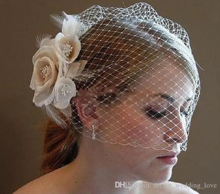 Wedding Birdcage Veils 51cm 80cm Champagne Ivory White Flowers Feather Birdcage Veil Bridal hat Hair Pieces Bridal Accessories8442300