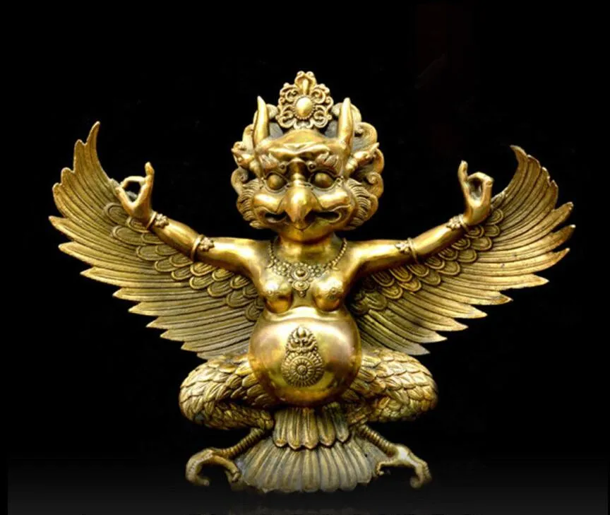 10" Tibete Budismo Tibetano Latão Redpoll Alado Garuda Pássaro Águia Estátua de Buda