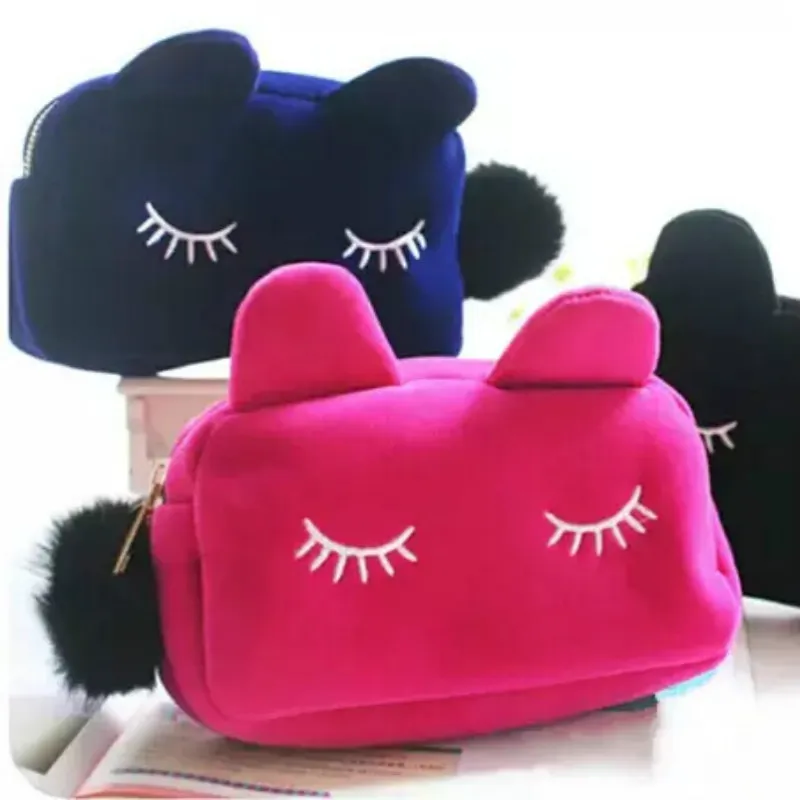Симпатичный портативный мультфильм кошка хранения корпуса путешествия макияж фланелевая сумка косметическая сумка корейский и японский стиль