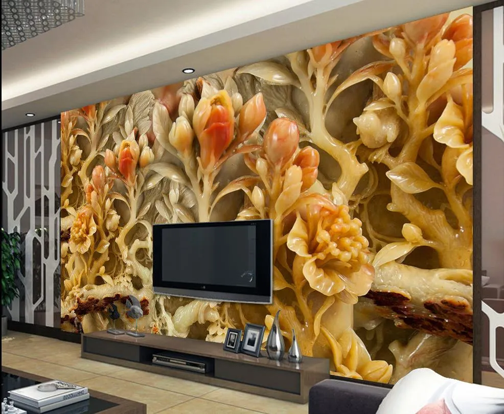 Foto elke maat Chinese windbloemen en rijke Jade Carvings TV Achtergrond Wall Mural 3D Wallpaper 3D Wall Papers voor tv -achtergrond