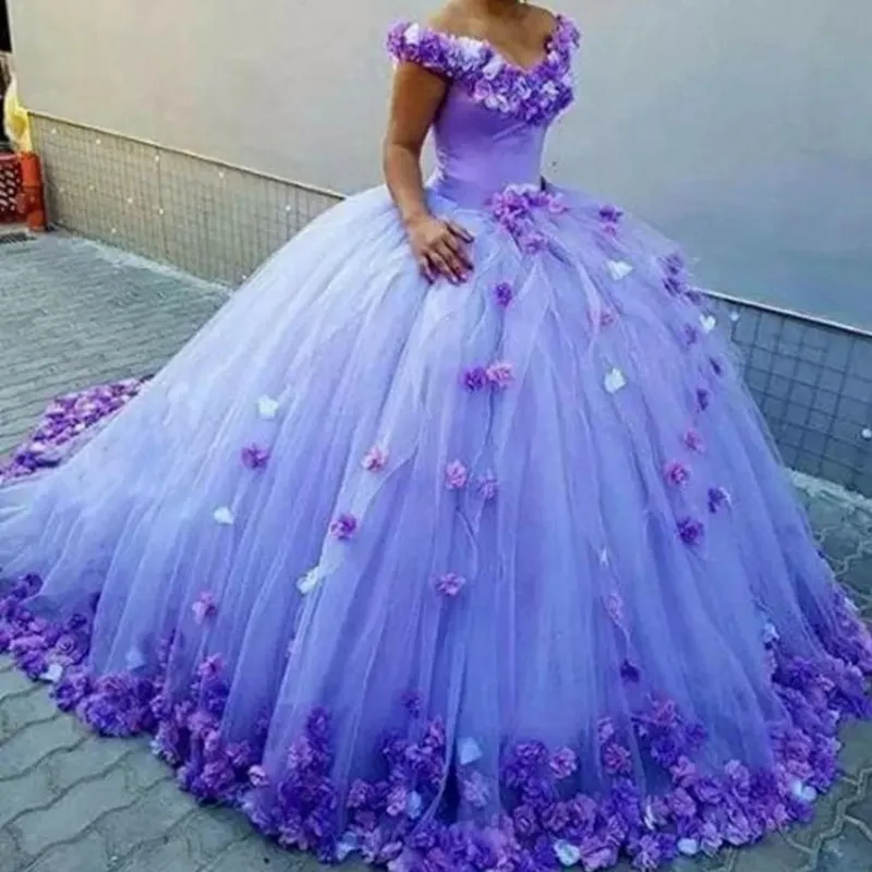 Amazing Lavendel 3D-Floral Appliques Bröllopsklänningar 2018 från axel Tulle Ball Gown Bridal Vestidos Skräddarsydda Spetsar upp Bröllopsklänningar