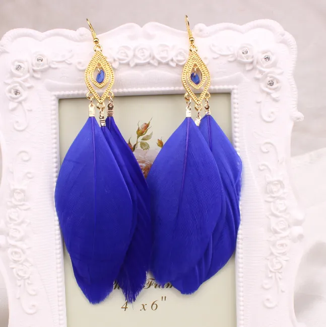 Long Feather Earrings Women Large Crystal Earrings Black White Blue Fashion Jewelry For Women Vintage Tassels Earrings 18K Gold Plated