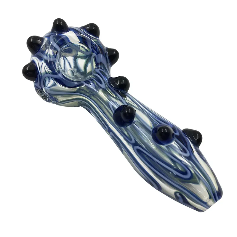 Stylowa rura łyżki na lewą łyżkę z podwójnym niebieskim paskiem i czarnymi kulkami - szklane rurki do palenia
