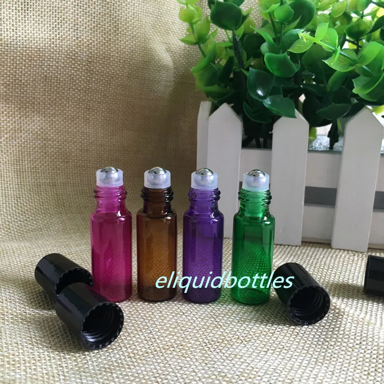 Mezcle es Ámbar Púrpura Rojo Verde 5 ml Rollo de vidrio en botellas con rodillo de metal y tapas negras para aceite esencial E líquido