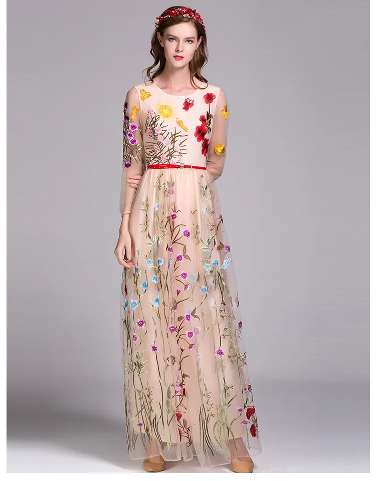 2019 Women`s O Neck 3/4 Sleeves Floral Embroidery Layered Elegant Party Prom Long Runway Dresses