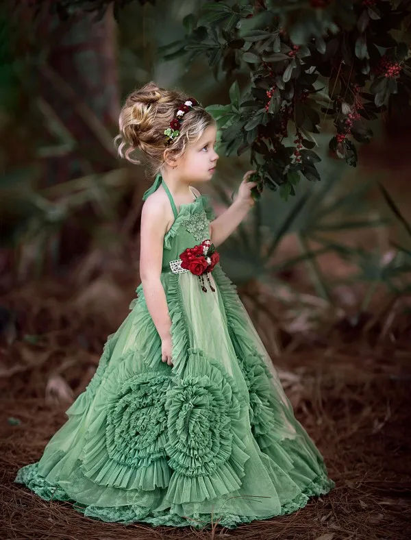 Kant applique bloem meisjes jurken backless spaghetti nek communie jurk vloer lengte prinses jurken met sjerp