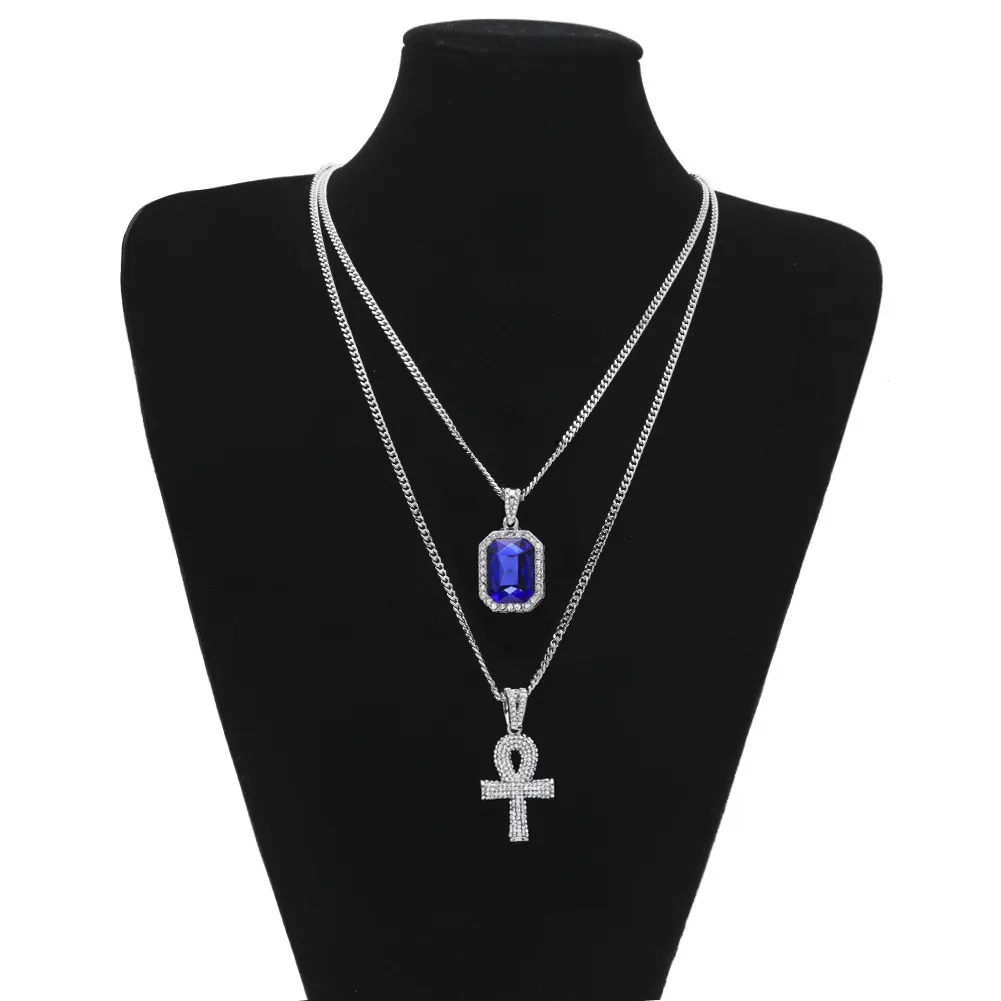 Hip Hop Jewelry Egyptian large Ankh Key pendant necklaces Sets Mini Square Ruby Sapphire with Cross Charm cuban link For mens Fash323U