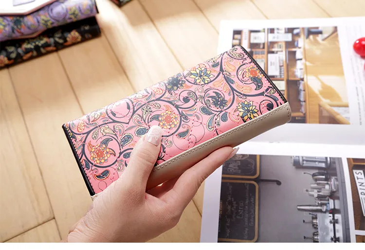 새로운 한국어 정원 꽃 나뭇 가지 긴 단락 클러치 백 히트 컬러 봉투 버클 지갑 핸드백