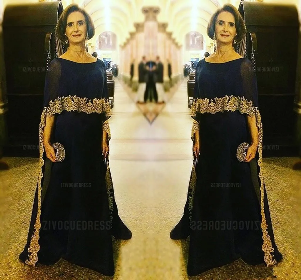 2020 Luxe marine blauwe moeder van de bruid jurken juweel nek goud kant appliques chiffon halve mouwen met wrap party jurk avondjurken