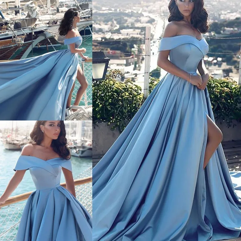 Sky Blue High Split Evening Gowns 2018 Off The Shoulder Simple Prom Dresses Sweep Train Satin Women Formal Party Dress Cheap Vestidos