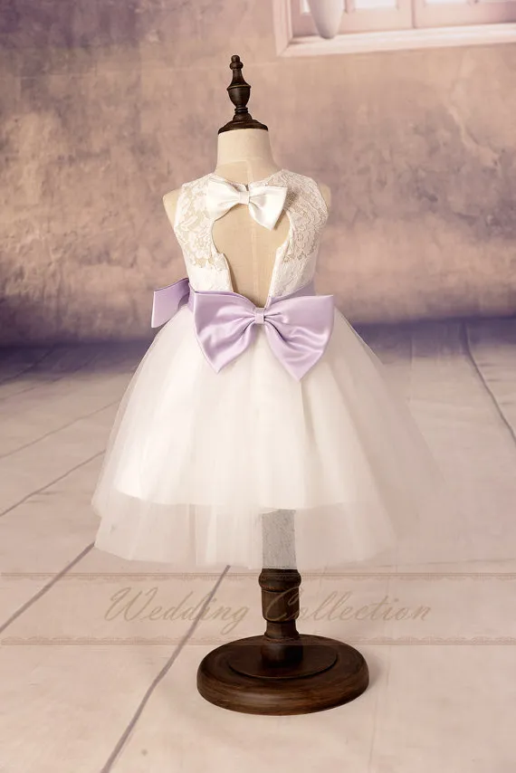 2017 Custom Flower Girl Dresses Lovely Sheer White Lace Jewel Neck Pretty A-Line Open Back Cute Lilac Bow Ribbon Communion Dress for Girls