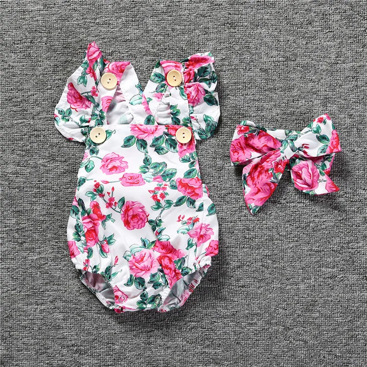 Bebé Floral Macacões Bodysuit com Headbands Ruffles Sleeve Set Botões Verão Ins Romper Ternos 6 estilos