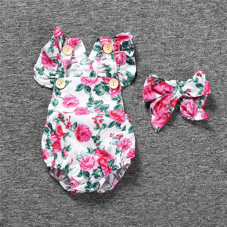 Bébé fille barboteuses florales body avec bandeaux volants manches 2 pièces ensemble boutons été INS barboteuse costumes 6 styles