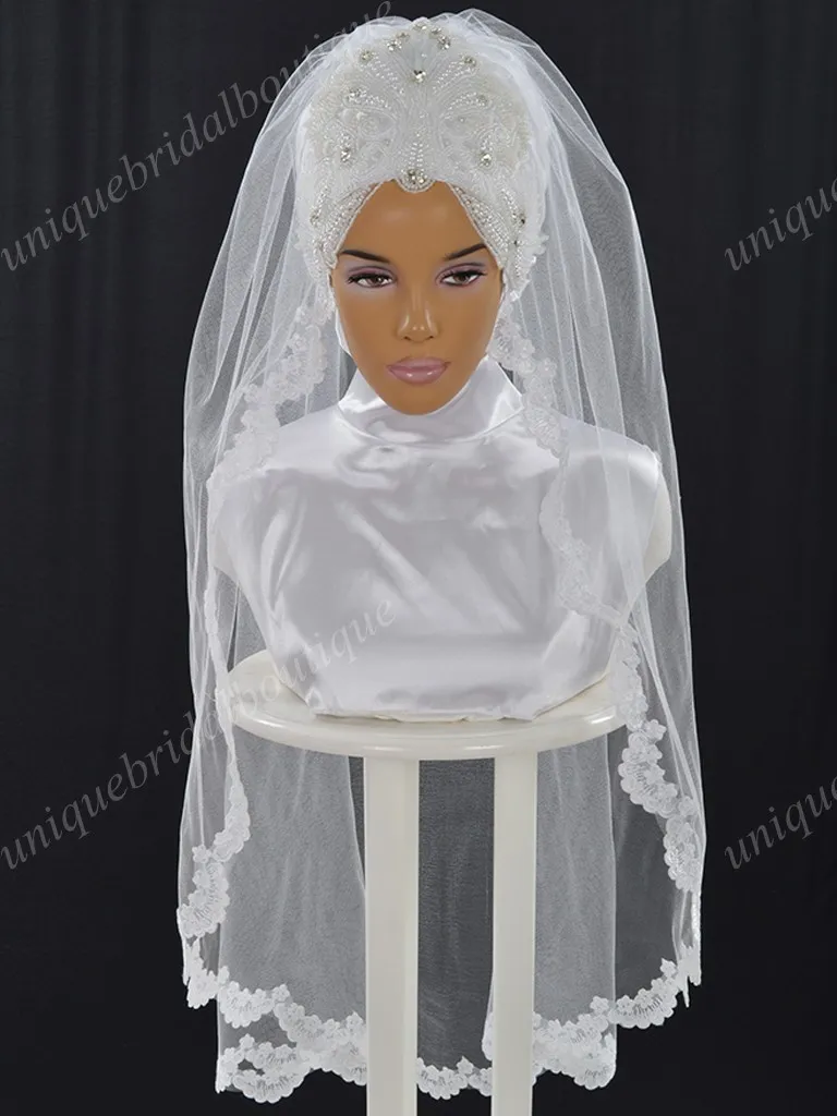 Мусульманские свадебные вуали с жемчугом и кружевами Applices Real Model Picture Heady для ношения Bridal Hijab длиной локоть Hazir Gelin Turbanlari