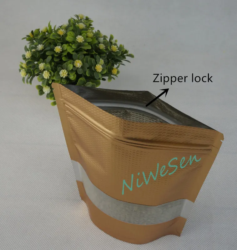 22x30 cm X Stand up sac ziplock en aluminium doré mat avec fenêtre-pack de poudre à base de plantes anti-poussière chocolat Doypack