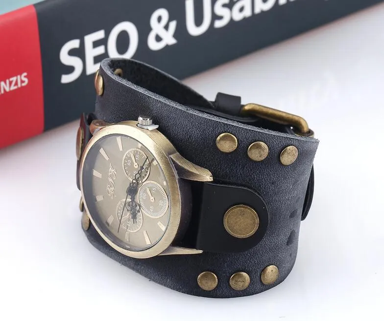 2017 nueva moda 100% reloj de pulsera de cuero genuino pulsera ancha con remaches 52mm reloj de hombre hebilla de cinturón reloj de pulsera de cuero Retro