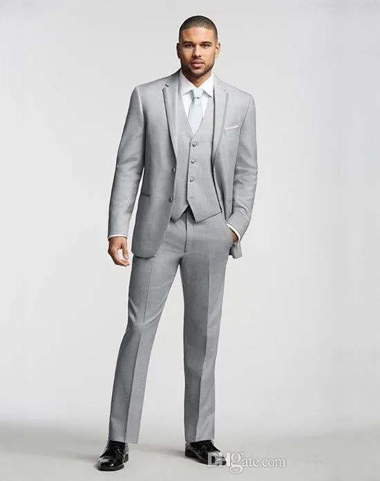 High Quality Two Buttons Light Grey Groom Tuxedos Groomsmen Best Man Suits Mens Wedding Blazer Suits Dinner Suit Jacket+Pants+Vest